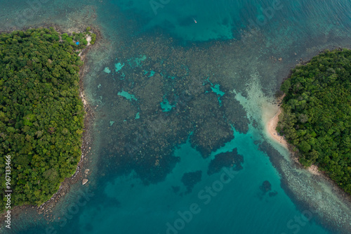 Aerial View of Tropical Islands Divided by Clear Turquoise Waters 