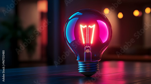 Neon Lit Lightbulb Glowing on a Tabletop