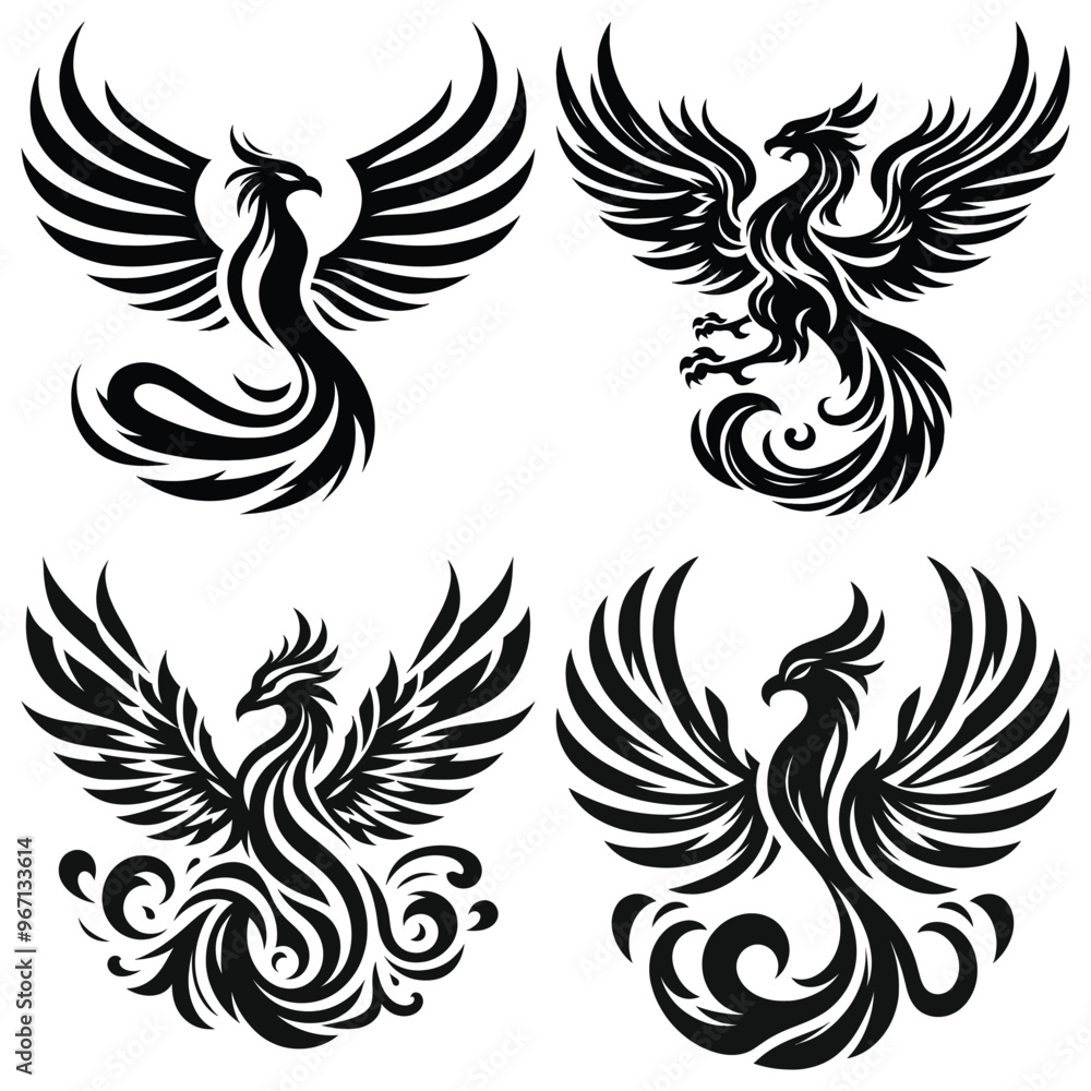 Phoenix tattoos vector illustration, black on white, symbolic of rebirth and resilience Phoenix tattoos vector illustration, black on white, symbolic of rebirth and resilience