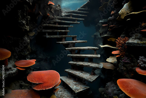 An underwater staircase descends amidst a beautiful coral reef, showcasing a surreal path and marine life in a mesmerizing and aquatic environment. photo