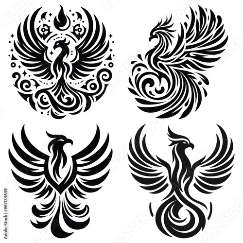 Tribal phoenix illustrations, black and white vector designs, perfect for tattoo art