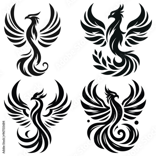 Set of phoenix tribal designs, black and white vector illustrations, perfect for tattoos and logos