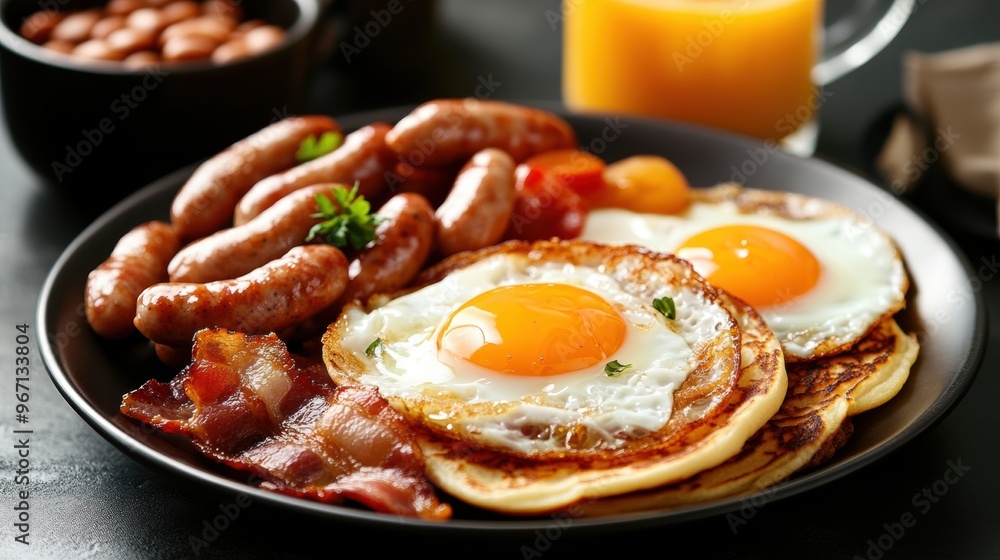 A plate of breakfast with eggs, sausage and pancakes on it, AI A plate of breakfast with eggs, sausage and pancakes on it, AI