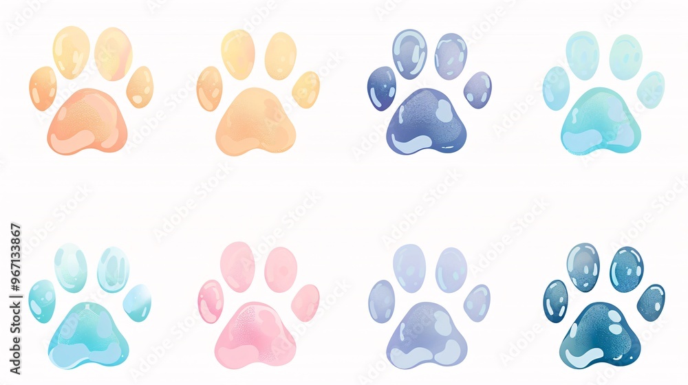 Fototapeta premium 26. A set of isolated vector illustrations of cat and dog paw prints, designed in pastel colors, displayed on a white background, perfect for logos and decorative elements