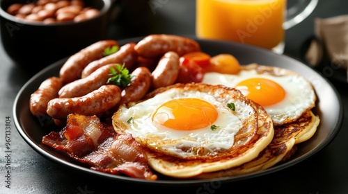 A plate of breakfast with eggs, sausage and pancakes on it, AI