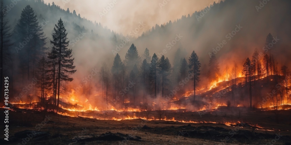 Obraz premium Huge wild forest fire disaster landscape.