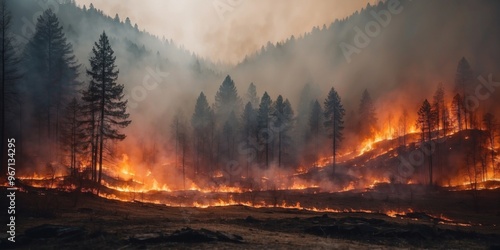 Huge wild forest fire disaster landscape. photo