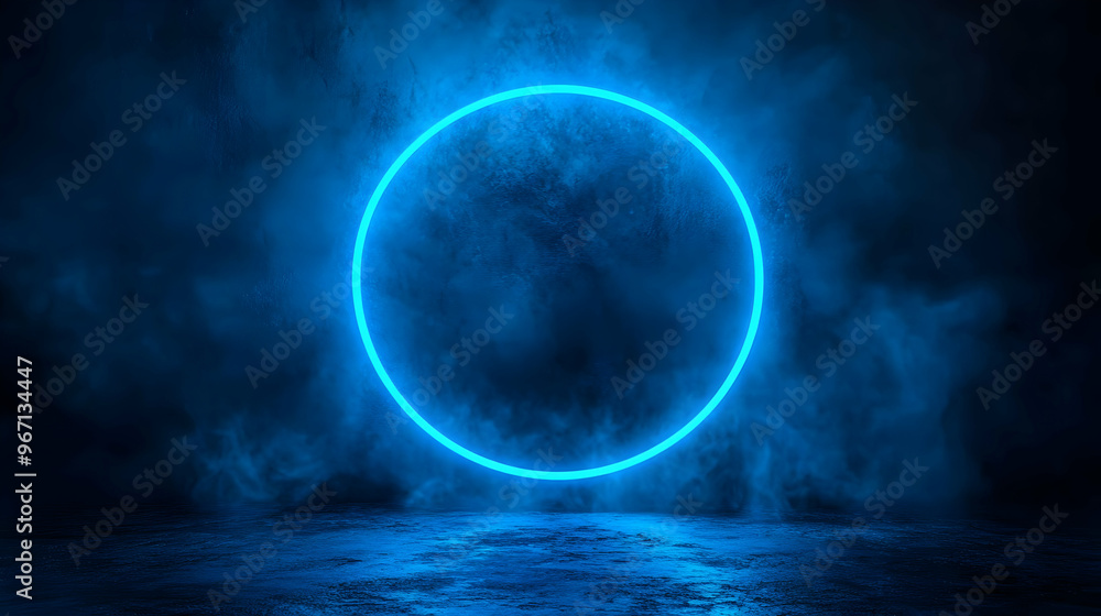 Neon Circle, Dark Blue Smoke, and Empty Concrete Floor Neon Circle, Dark Blue Smoke, and Empty Concrete Floor