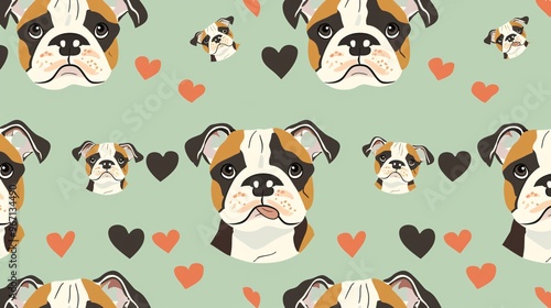 42. An unbroken pattern featuring endearing cartoon bulldog faces and heart elements, set against a light green background, providing a sweet and playful aesthetic photo