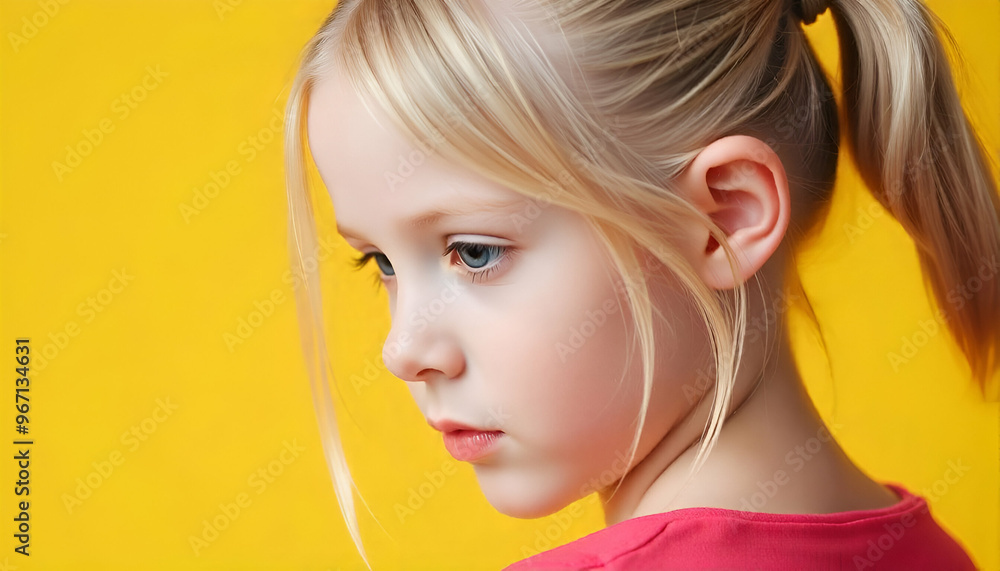 A young Caucasian girl with long, straight blonde hair pulled back in a ponytail, against a bright yellow background