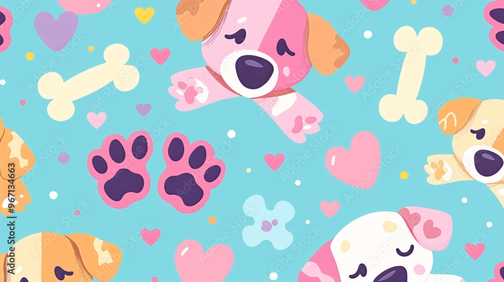 45. An adorable seamless design featuring puppy paws, bones, and hearts in a kawaii style, suitable for use on postcards, curtains, flannels, and foot towels 45. An adorable seamless design featuring puppy paws, bones, and hearts in a kawaii style, suitable for use on postcards, curtains, flannels, and foot towels