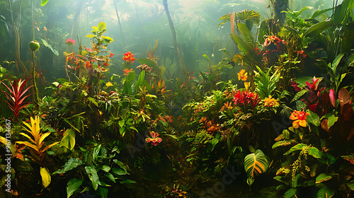 view of the Amazon rainforest floor, featuring rare and colorful flowering plants unique to the region 