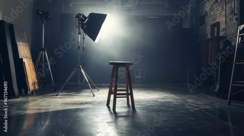 An empty stool is positioned amid professional lighting equipment in a photo studio. The lighting setup is strategically arranged to provide optimal illumination for photography, highlighting the stoo photo