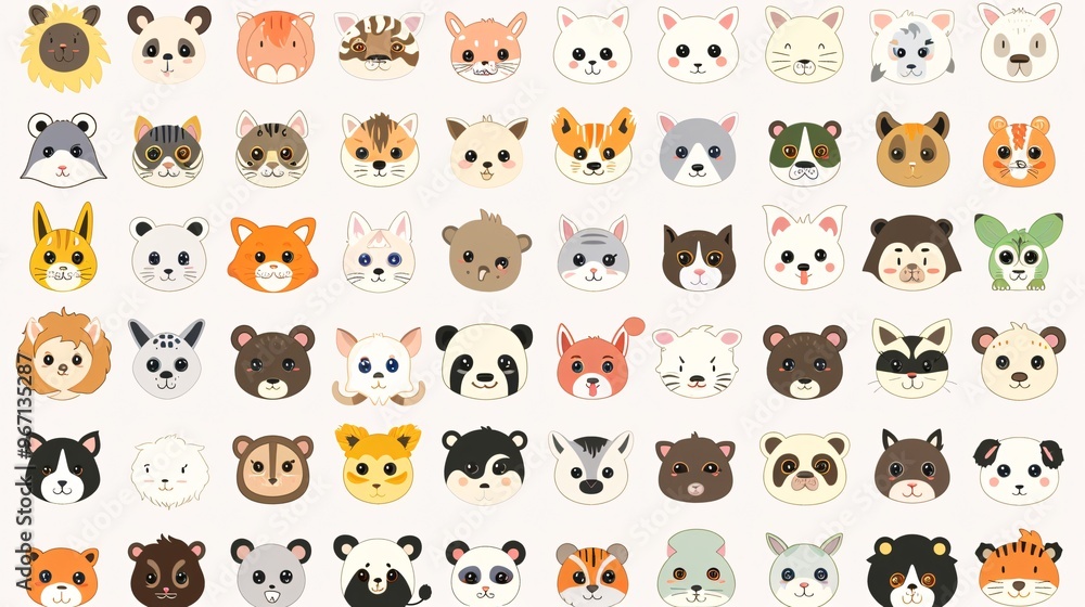 56. A large collection of adorable animal faces, including zoo, wild, farm, pet, rodent, and reptile species, hand-drawn in a kawaii style on a white background, presented in a vector illustration 56. A large collection of adorable animal faces, including zoo, wild, farm, pet, rodent, and reptile species, hand-drawn in a kawaii style on a white background, presented in a vector illustration