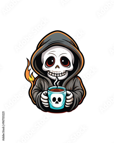 A cute cartoon skeleton wearing a grey hoodie and holding a steaming mug of coffee with a skull on it.