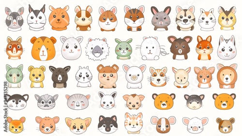 56. A large collection of adorable animal faces, including zoo, wild, farm, pet, rodent, and reptile species, hand-drawn in a kawaii style on a white background, presented in a vector illustration