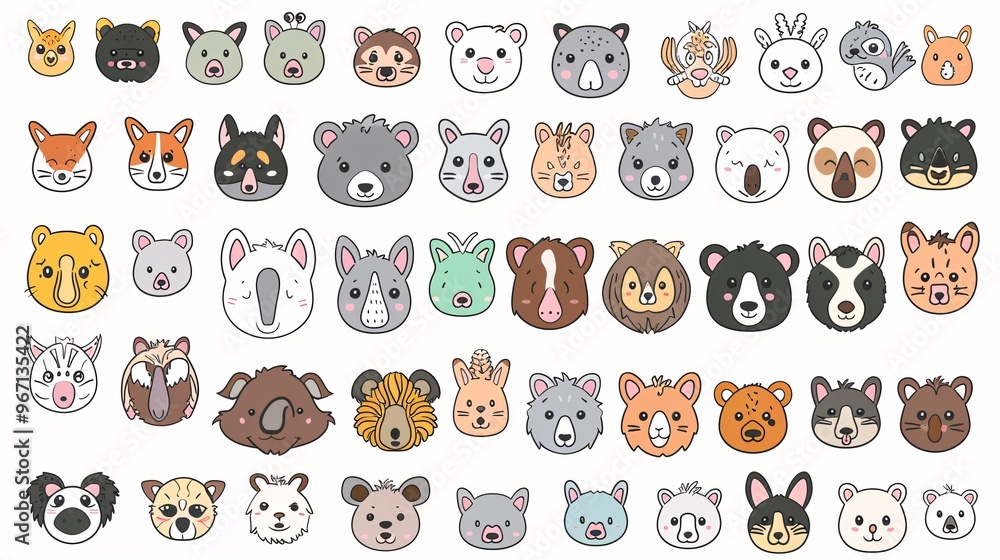 58. An extensive collection of charming animal faces, encompassing zoo, wild, farm, pet, rodent, and reptile species, hand-drawn in a kawaii style and set against a white background in vector format 58. An extensive collection of charming animal faces, encompassing zoo, wild, farm, pet, rodent, and reptile species, hand-drawn in a kawaii style and set against a white background in vector format
