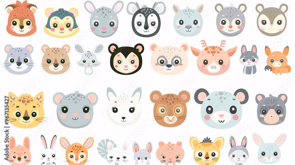 Fototapeta premium 59. A big set of endearing animal faces, including a variety of zoo, wild, farm, pet, rodent, and reptile animals, illustrated in a cute kawaii style on a white background, ideal for baby designs
