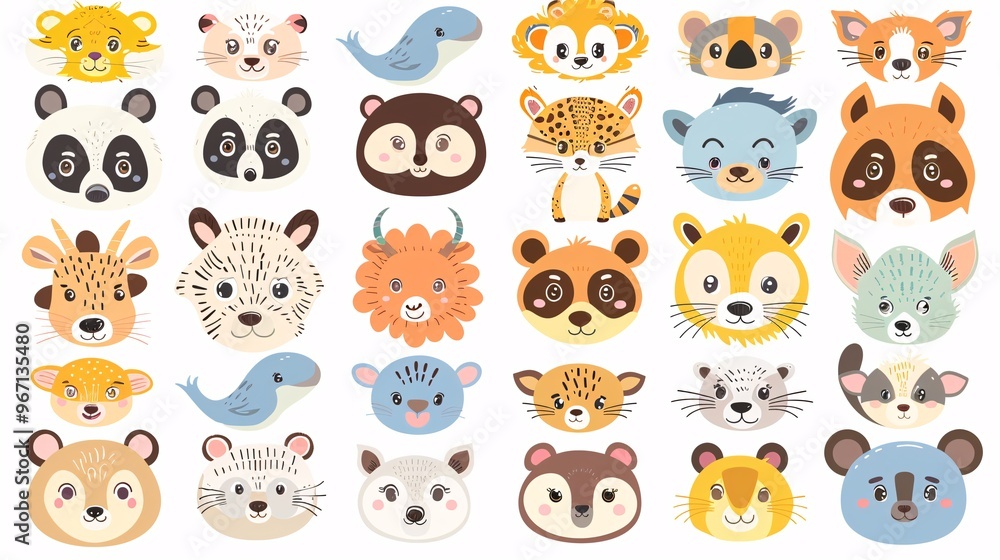 60. A comprehensive vector illustration of cute animal faces from zoo, wild, farm, pet, rodent, and reptile categories, all drawn in a kawaii style on a white background, suitable for baby graphic 60. A comprehensive vector illustration of cute animal faces from zoo, wild, farm, pet, rodent, and reptile categories, all drawn in a kawaii style on a white background, suitable for baby graphic