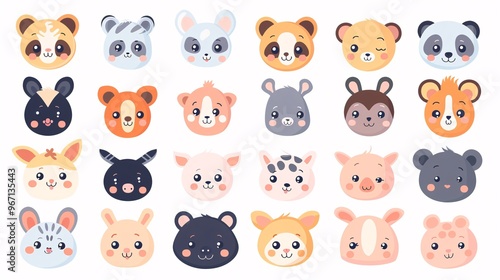 59. A big set of endearing animal faces, including a variety of zoo, wild, farm, pet, rodent, and reptile animals, illustrated in a cute kawaii style on a white background, ideal for baby designs