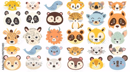 60. A comprehensive vector illustration of cute animal faces from zoo, wild, farm, pet, rodent, and reptile categories, all drawn in a kawaii style on a white background, suitable for baby graphic