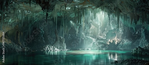 In a murky cave stalactites hang above a pool of water with copy space image