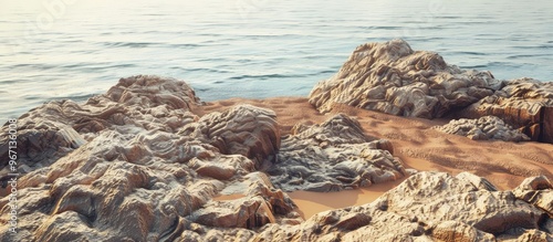 Top view of a rocky seashore with sandy texture and yellow desert dunes in the background ideal for showcasing summer products with a copy space image