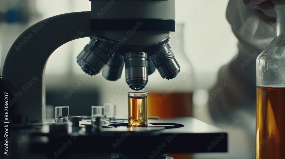 Close-up of a Microscope Lens Focused on a Glass Vial Filled with a Yellow Liquid in a Lab Setting Close-up of a Microscope Lens Focused on a Glass Vial Filled with a Yellow Liquid in a Lab Setting