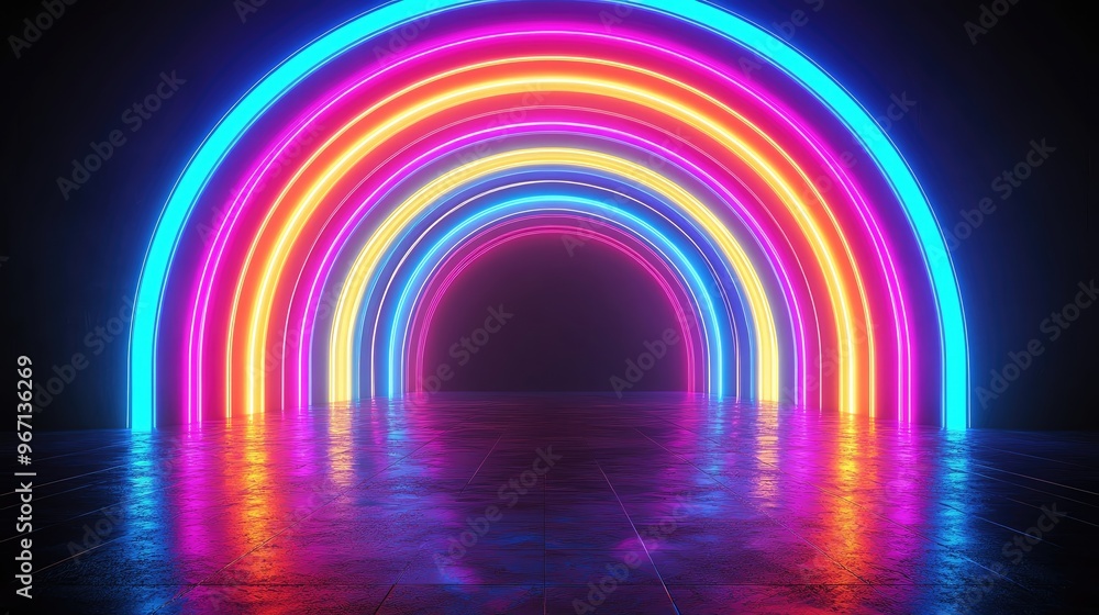 A vibrant neon rainbow arching over a reflective surface, illuminating a dark space with colorful lights and captivating energy. A vibrant neon rainbow arching over a reflective surface, illuminating a dark space with colorful lights and captivating energy.