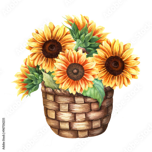 Watercolor wicker basket filled with vibrant yellow flowers sunflowers. Hand drawn watercolor illustration isolated on white background. For clip art cards invitation label package