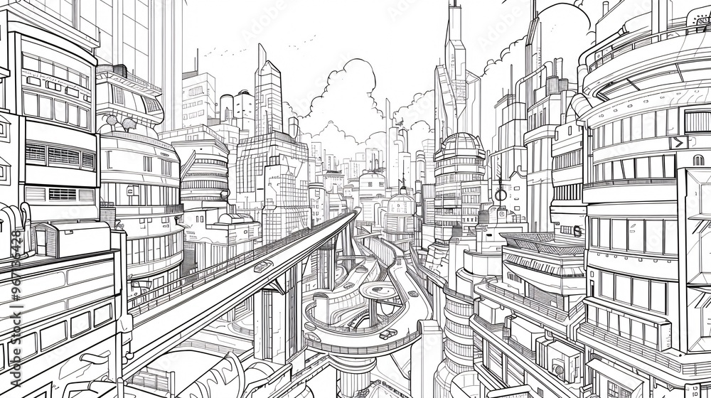 75. An elaborate line drawing of an urban landscape, showing detailed architecture, roads, and urban elements, perfect for use as background material 75. An elaborate line drawing of an urban landscape, showing detailed architecture, roads, and urban elements, perfect for use as background material