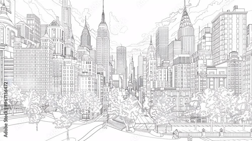 76. A complex line art illustration of a cityscape, capturing buildings, streets, and parks with fine details, ideal for background designs and material 76. A complex line art illustration of a cityscape, capturing buildings, streets, and parks with fine details, ideal for background designs and material