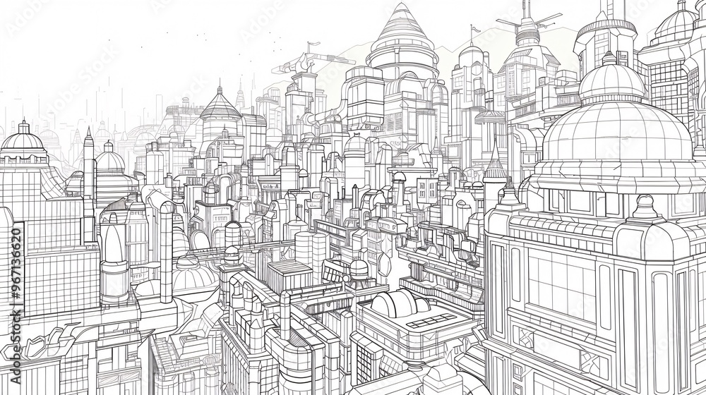 78. An artistic line drawing of a bustling cityscape, featuring detailed urban elements and architecture, intended as background material for creative uses 78. An artistic line drawing of a bustling cityscape, featuring detailed urban elements and architecture, intended as background material for creative uses