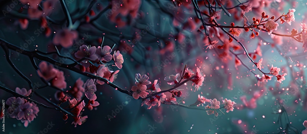 A captivating nighttime scene of cherry blossoms or sakura with a copy space image