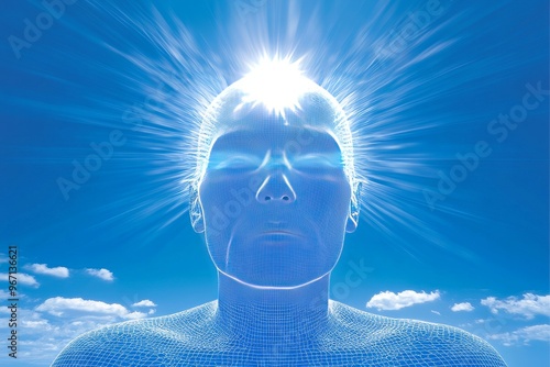 Neural architecture cognitive modulation cognitive synchronization and perceptual expansion person meditating under a bright sky visualizing spiritual awakening and deep mental clarity