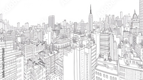 78. An artistic line drawing of a bustling cityscape, featuring detailed urban elements and architecture, intended as background material for creative uses photo