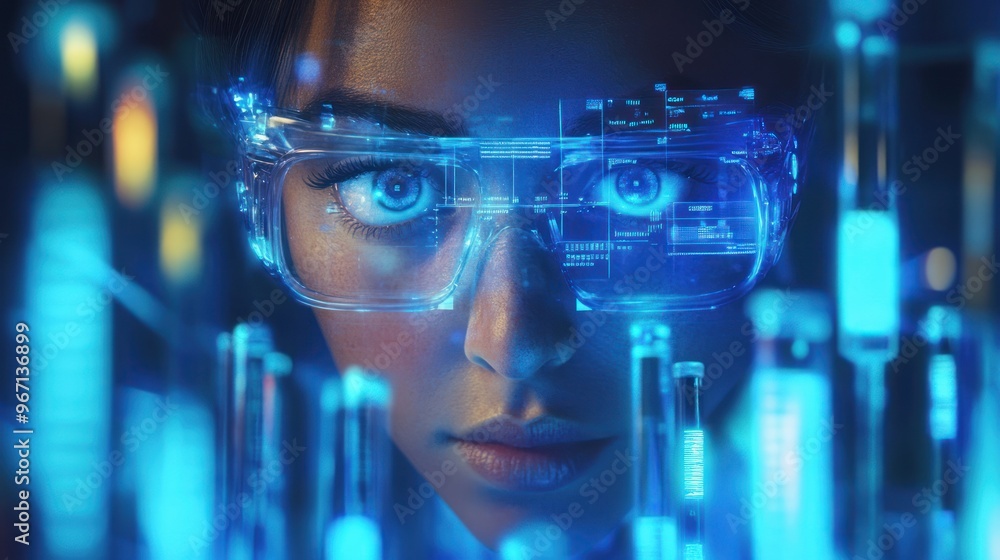 Woman Wearing Augmented Reality Glasses Looking at Test Tubes in a Lab Woman Wearing Augmented Reality Glasses Looking at Test Tubes in a Lab