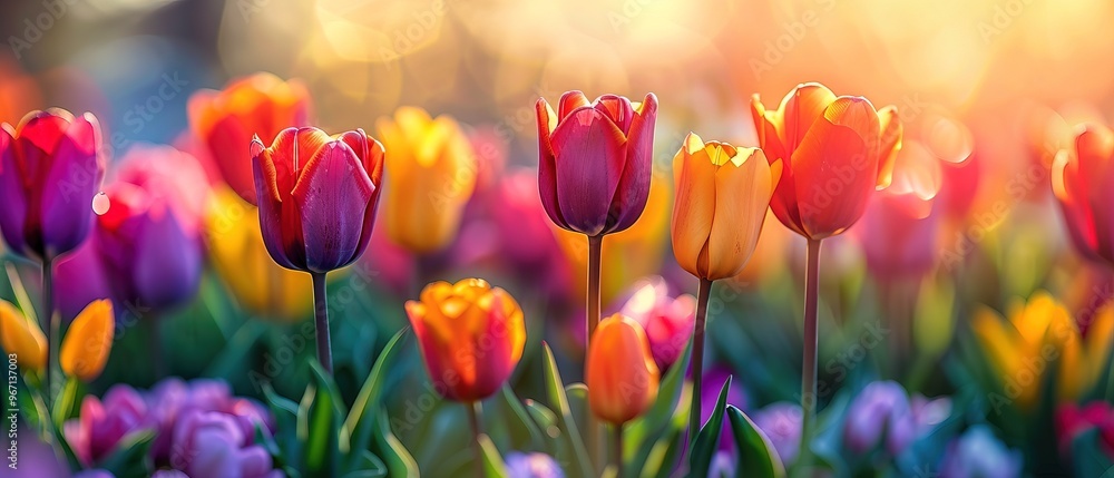 Close-up panoramic view of the beautiful blooming tulips in coniferous garden in spring Close-up panoramic view of the beautiful blooming tulips in coniferous garden in spring