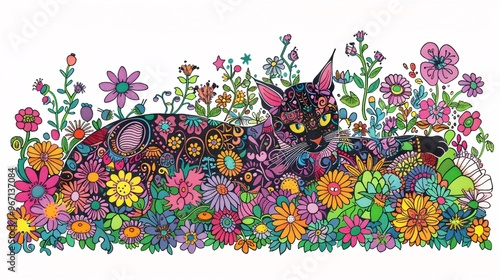 84. A whimsical coloring page depicting a cat enjoying itself in a colorful flower garden, designed with intricate details for children to color