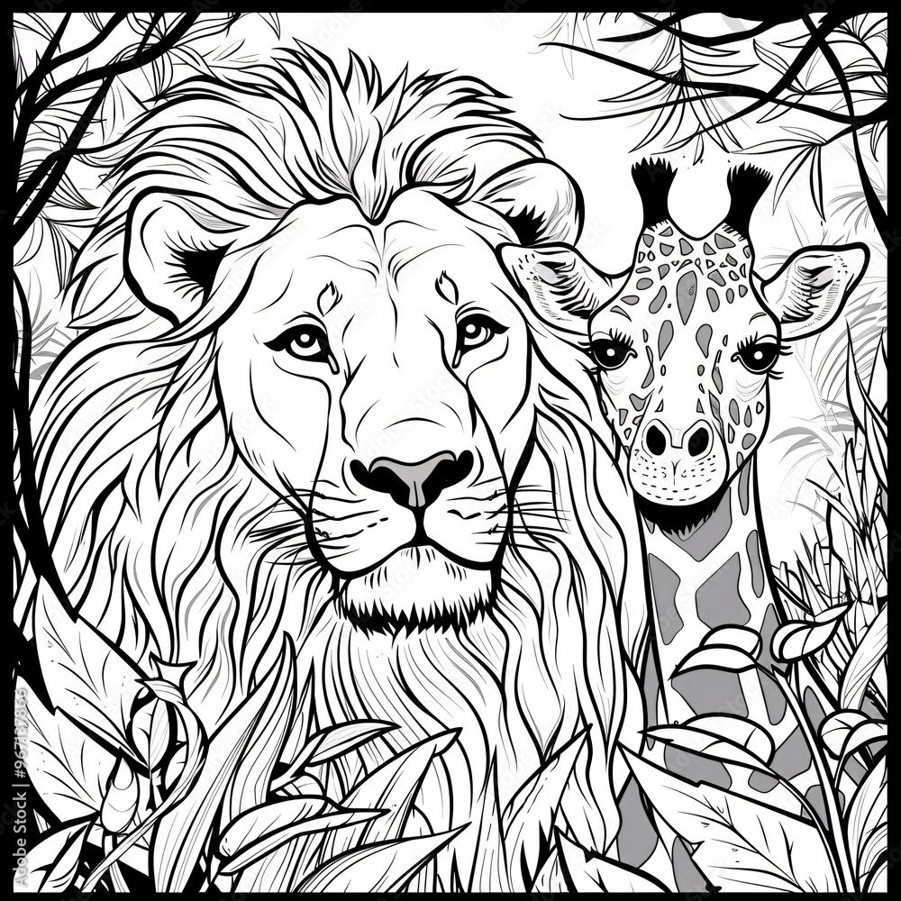 97. Concept: Lion and giraffe vector for coloring page Stock ...