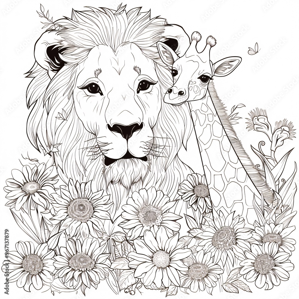 97. Concept: Lion and giraffe vector for coloring page Stock ...