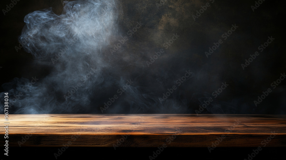 An empty wooden table is set against a dark background, with smoke gently rising above it. The perspective highlights a wooden floor shelf table, providing a versatile backdrop ideal for displaying pr An empty wooden table is set against a dark background, with smoke gently rising above it. The perspective highlights a wooden floor shelf table, providing a versatile backdrop ideal for displaying pr