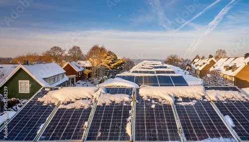 Solar Panels on the roof of Dutch houses covered by Snow.  photo