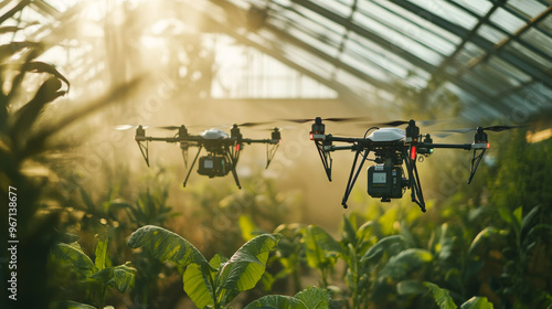 Engineers are overseeing the operation of agricultural drone sprayers and quadcopters, which are flying through a greenhouse to distribute chemical fertilizers. The drones are equipped with advanced s