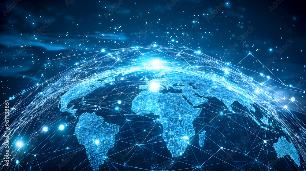 globe surrounded by interconnected digital lines and nodes, representing the worldwide network of telecommunications and IT solutions globe surrounded by interconnected digital lines and nodes, representing the worldwide network of telecommunications and IT solutions