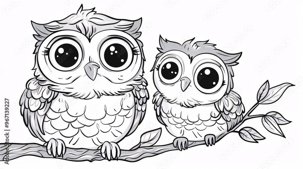 Obraz premium 116. A cute kawaii owl with its baby, designed as a cartoon character in a detailed vector illustration for a coloring page, perfect for kids and Mother's Day celebrations