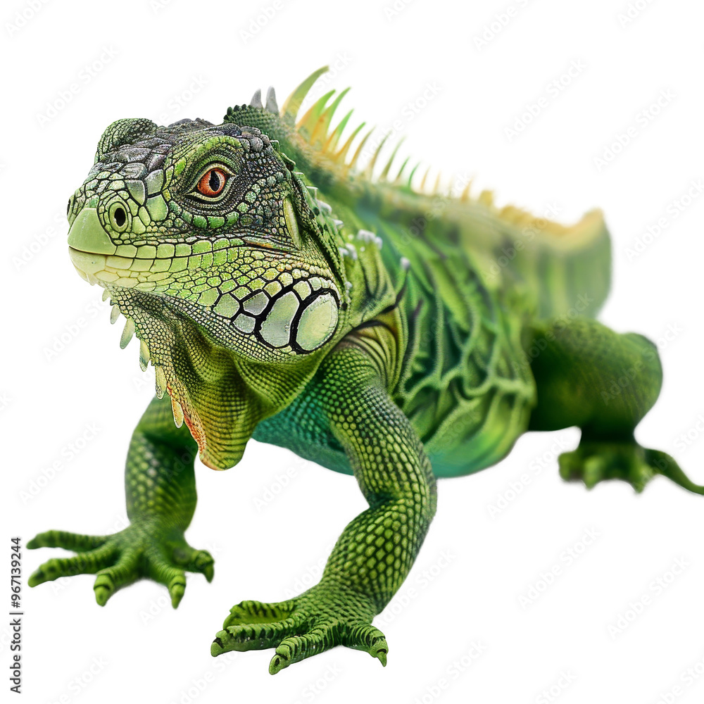 Fototapeta premium Detailed green iguana with vibrant scales posing against a neutral background during bright daylight