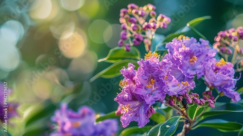 2. Close-up view of a beautiful purple Lagerstroemia Hybrid flower with lush green leaves in the background, showcasing the intricate details of the crape myrtle petals