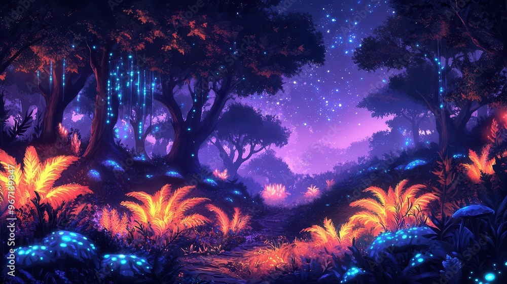 Illustrate a magical forest at eye-level angle, with bioluminescent plants glowing in neon hues under a dark sky Use digital painting techniques for detailed foliage Illustrate a magical forest at eye-level angle, with bioluminescent plants glowing in neon hues under a dark sky Use digital painting techniques for detailed foliage