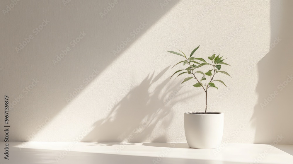 A potted plant casts a shadow against a white wall. A potted plant casts a shadow against a white wall.